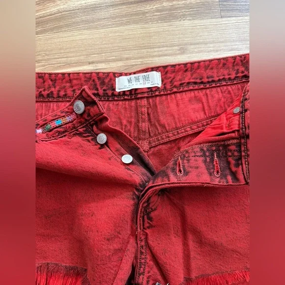 FREE PEOPLE Sun Break Embroidered-Yoke Denim Shorts Red Size 29 - Picture 5 of 10